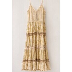 Me 2 Magic Boho Metallic Gold Tiered Maxi Dress Cotton India Women Size M